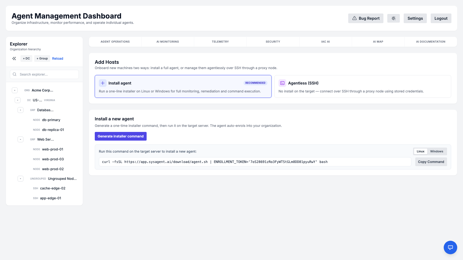 The Add Hosts onboarding view with the Install agent and Agentless (SSH) method chooser and a ready-to-run installer command